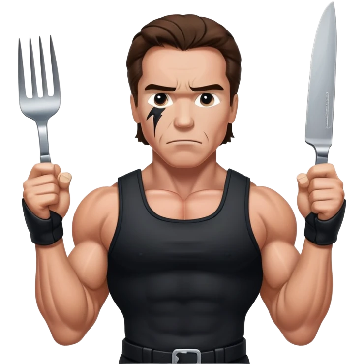 Young Arnold Schwarzenegger from the Commando poster wearing black with war makeup on ready to fight with fork and knife (seen above the chest) emoji