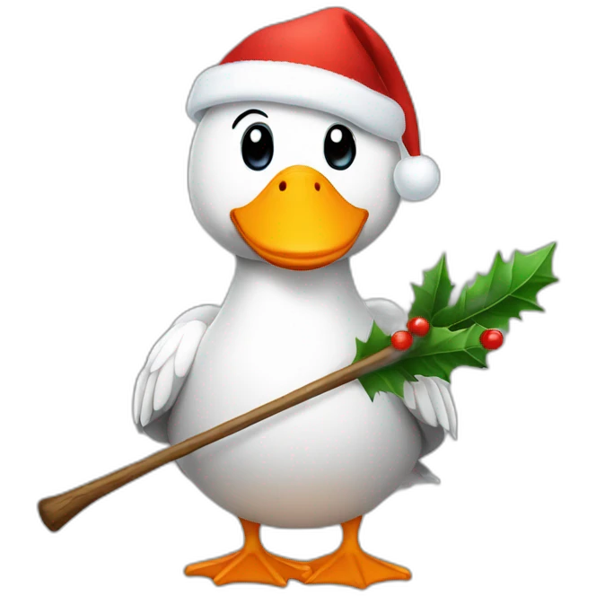 Goose wearing an Xmas hat and holding a stick emoji
