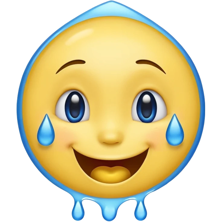 Emoji, yellow round laughing face, blue tears of joy on it. 2 big blue tears on each of the 2 cheeks emoji