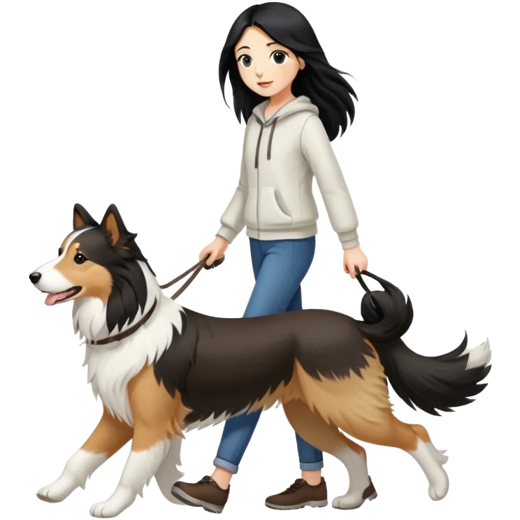 A girl with long black hair walking a white and brown collie emoji
