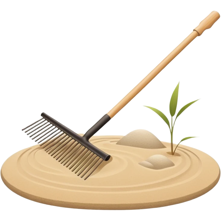 Minimalist emoji of a Japanese zen garden rake, elegant thin lines, light wood tone, sand-beige palette, flat vector style, calm and balanced aesthetic, inspired by zen tranquility, transparent background, premium minimal design emoji