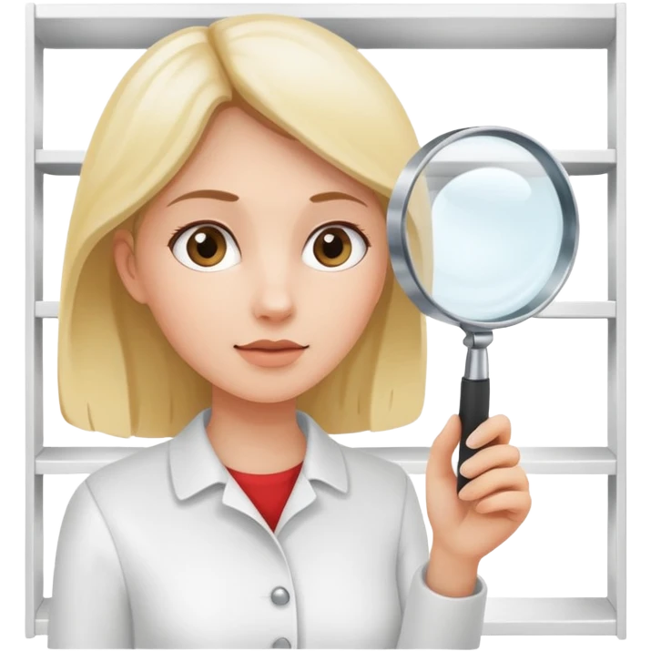 emoji of white empty shelf in perspective view with a standing woman nearby, she is looking at the shelfs with a magnifying glass emoji