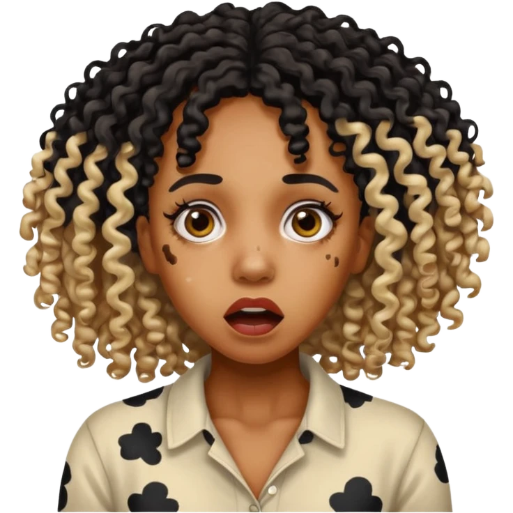 Emoji of a very shocked black female with vitiligo (alot of vitiligo patches) give her more curly hair emoji