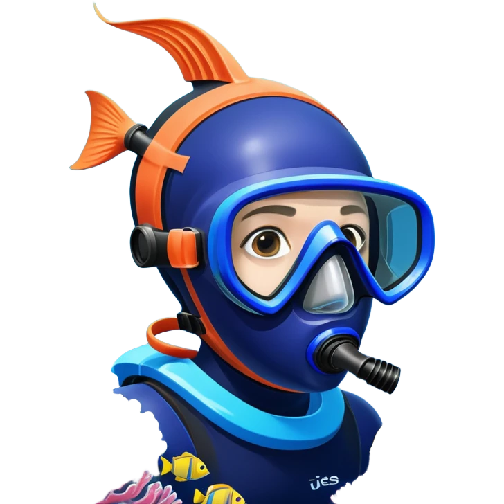 An icon featuring a close-up of a freediving mask and snorkel, with a breath-holding diver's fins, set against a vibrant underwater world. The design includes coral reefs, fish, and bubbles, symbolizing the serene beauty and thrill of freediving. Transparent background highlights the calm emoji