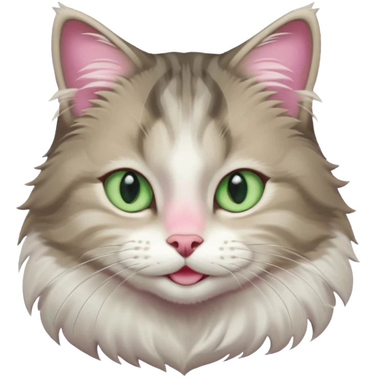 Siberian forest cat grey and white with white around eyes and light green eyes smiling pink nose emoji