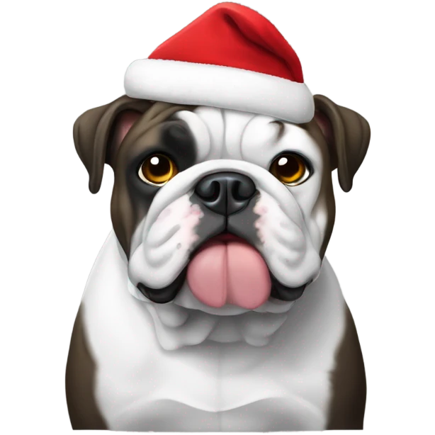 Black and white English bulldog. Wearing a Santa hat emoji