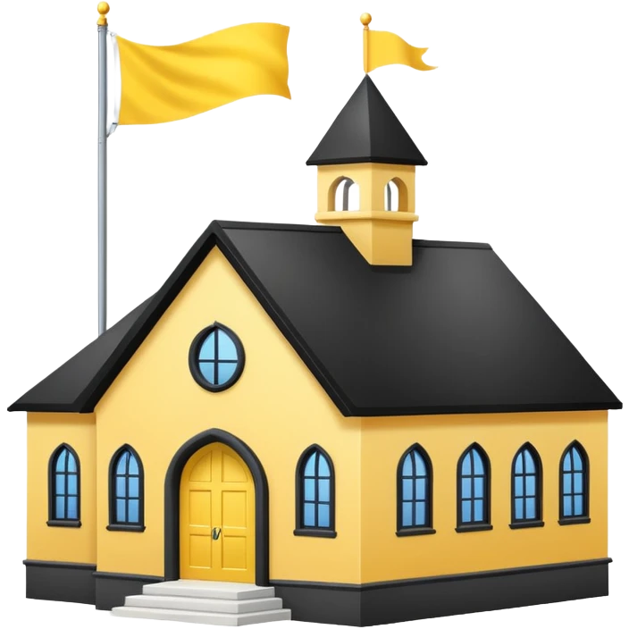 simple magic school, white background, magic school, black roof, with a big flag, big flag on a roof, big yellow flag, white school emoji