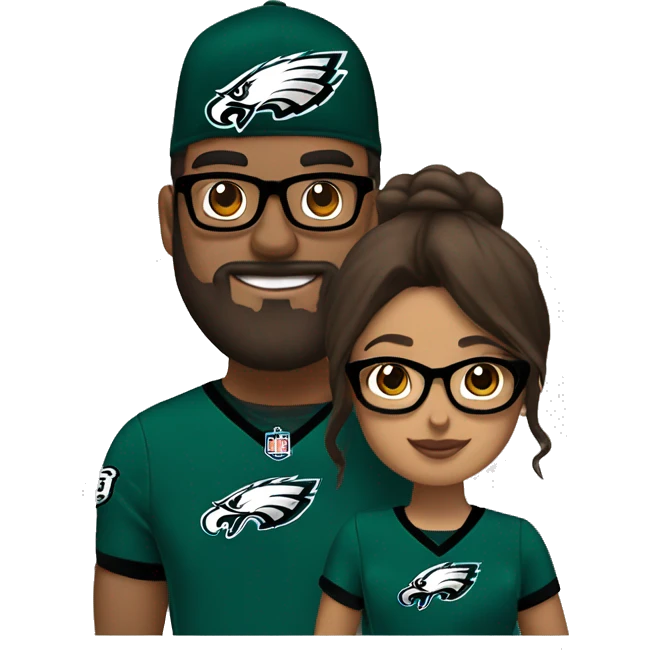 Stalky Brown guy with beard mustache and brown girl with glasses and her hair in a bun in Philadelphia eagles clothes holding hands emoji