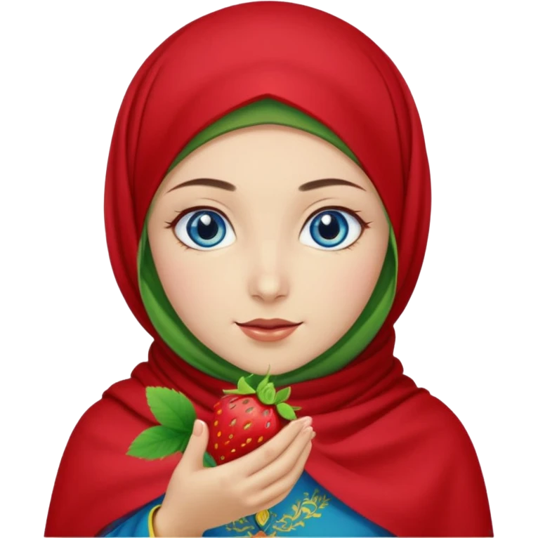 Turkish beautiful finish Konya girl blue eyes with red yellow green hijab islamic dress and had on her hand strawberry  emoji