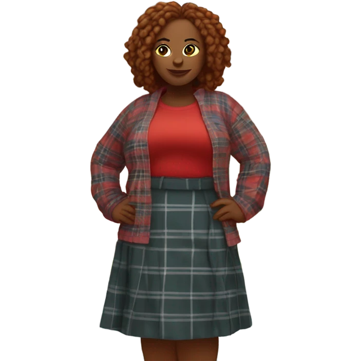 Super curvy woman is brown with red locs in a skirt with plaid sweater at yard sale emoji
