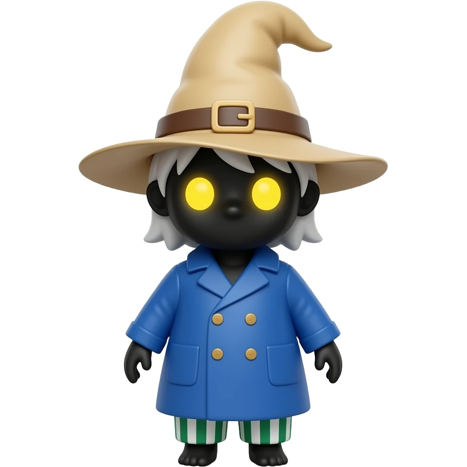 Vivi is a diminutive, doll-like figure defined by a pitch-black face illuminated only by two glowing, circular yellow eyes. He wears a tall, floppy tan wizard’s hat, a bulky blue double-breasted coat, and distinctive green-and-white striped balloon trousers. emoji