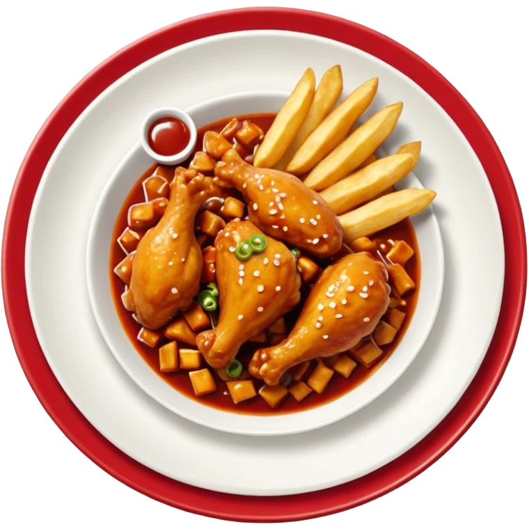 Plato redondo visto desde arriba con pollo estilo General Tso, trozos crujientes bañados en salsa agridulce brillante color rojo, acompañado de arroz blanco esponjoso y papas fritas doradas gruesas al lado emoji