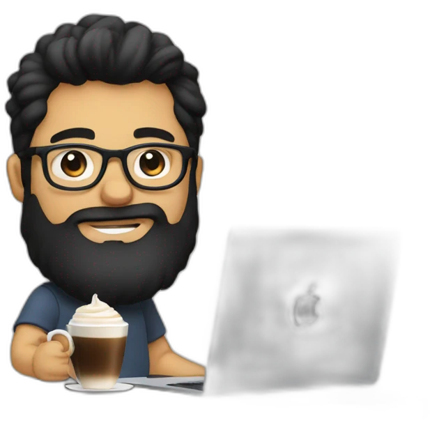 Designer with black hair, beard and glasses working with MacBook and drinking cappuccino  emoji