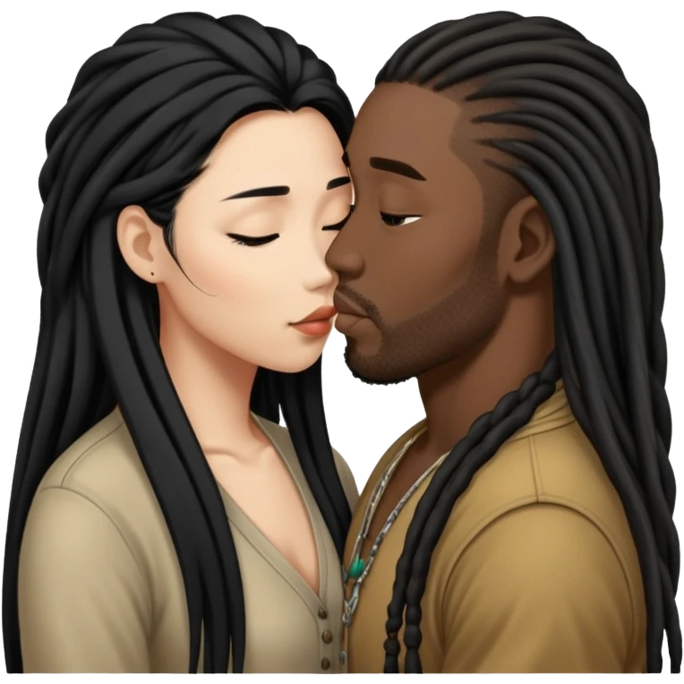 Asian Woman with long hair kissing a black guy with dreads no beard emoji