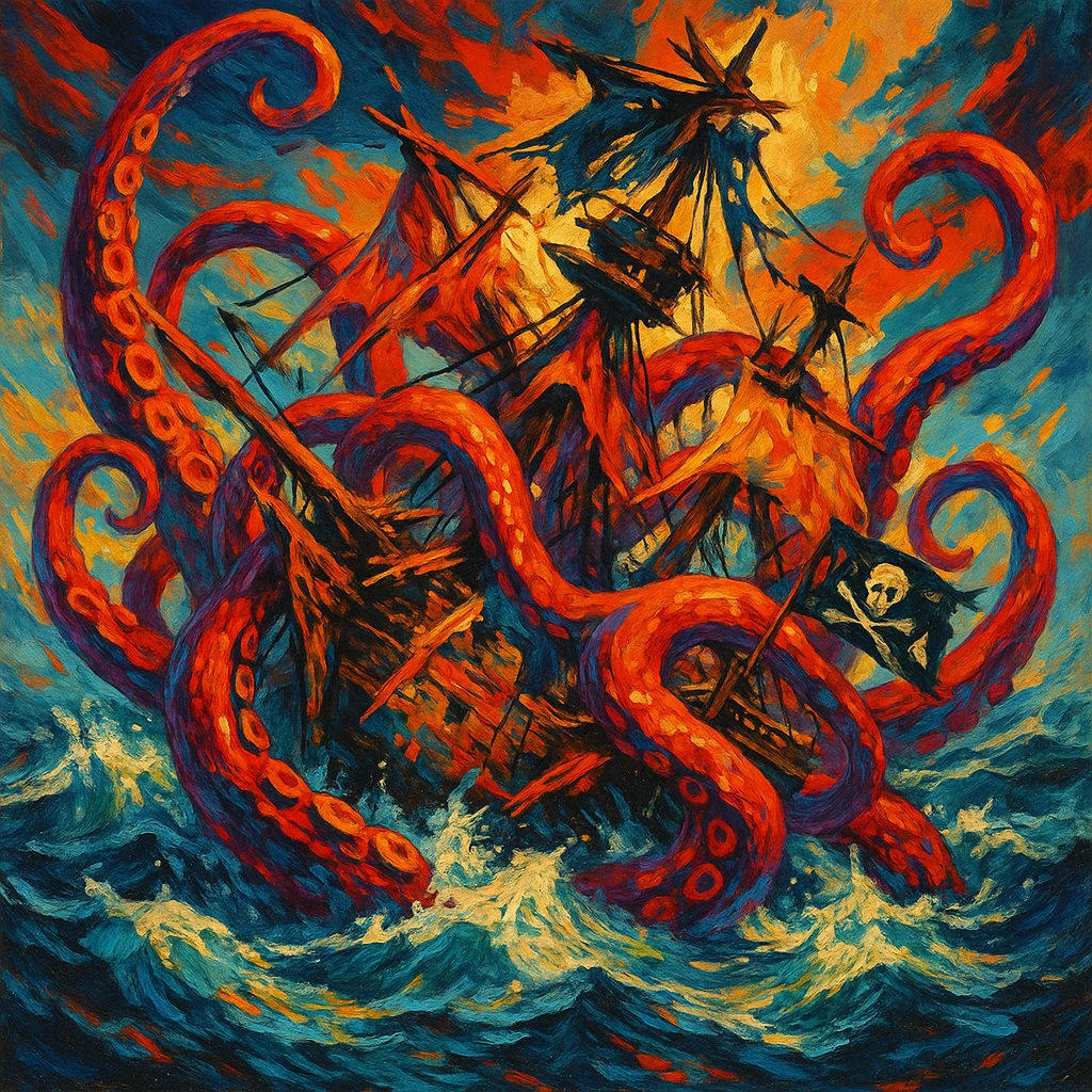 A kraken attacking a pirate ship, broken masts and splintered wood, expressive and bold design emoji