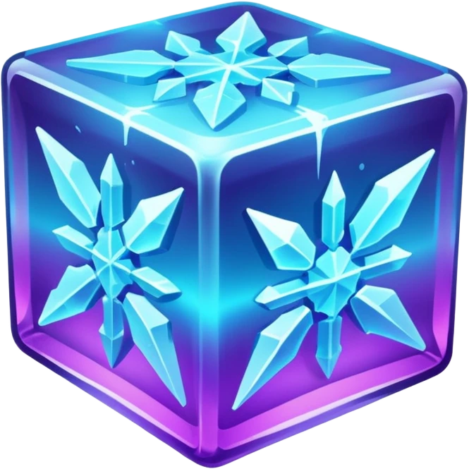 glowing ice crystal cube, icy neon cyan highlights, purple neon accents. emoji