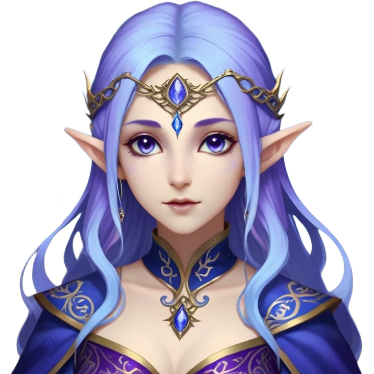 Cinematic Realistic WoW Elf Mage Portrait, depicted with ethereal, otherworldly beauty and refined arcane mastery. Clad in an intricately detailed robe in consistent deep blues and purples accented with shimmering gold filigree, her luminous, porcelain-like skin and delicate features evoke timeless elegance. Her piercing, mystical eyes radiate ancient wisdom, rendered with lifelike texture and subtle, magical lighting, high shine, noble and majestic, capturing the essence of a legendary elven sorceress. emoji