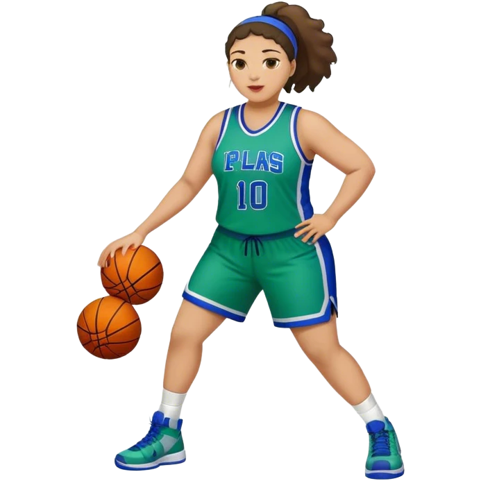 Full Body light skin Latino plus size women basketball player wearing blue and green uniform emoji