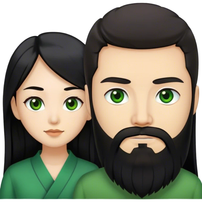 Asian woman with black long hair, brown eyes together with a white guy who has black beard, green eyes  emoji