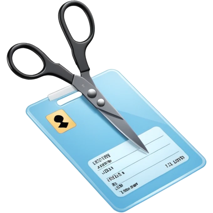 Floating black Scissors cutting a light blue military ID card in 2 parts .hyper realistic emoji