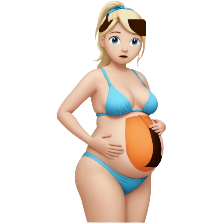 White girl, long blonde ponytail, blue eyes, huge pregnant belly, full body, white bikini, scared expression, looking at belly, front view. emoji