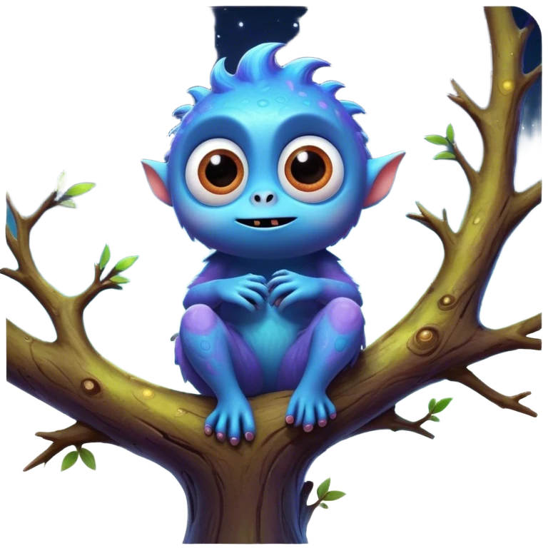 3D, create an image of a cartoon monster with big eyes sitting on a tree branch, thomas kinkade and paul lehr, pixar cute character design, by Anne Stokes, splashes of neon galaxies, adorably cute, drew struzan inspiration, 2019, by Wojciech Korneli Stattler, beautiful mattepainting emoji