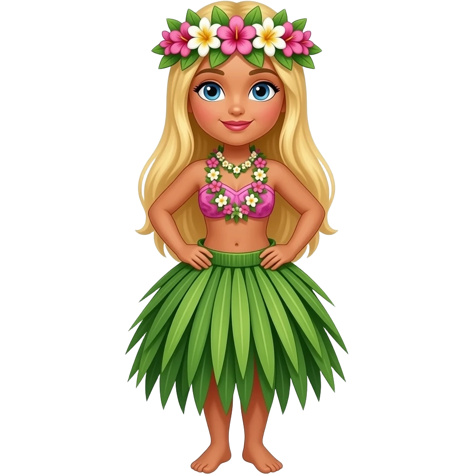 Hawaiian hula dancer with straight blonde hair and blue eyes with a body and a flower crown emoji