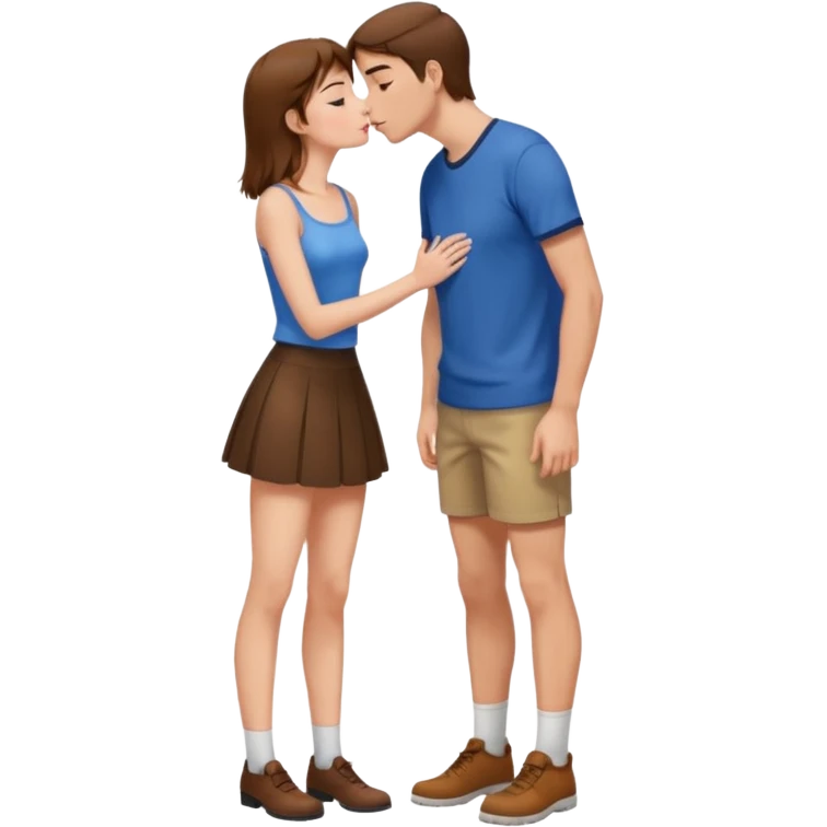 A naked girl with brown hair and bare small breasts openly kisses a tall guy with brown hair full-length on the lips. she is with naked boobs She is wearing a very short skirt and is in full height. emoji