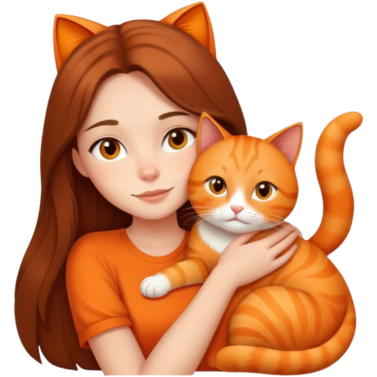 a pretty girl with long brunette hair was cuddling an orange cat. emoji