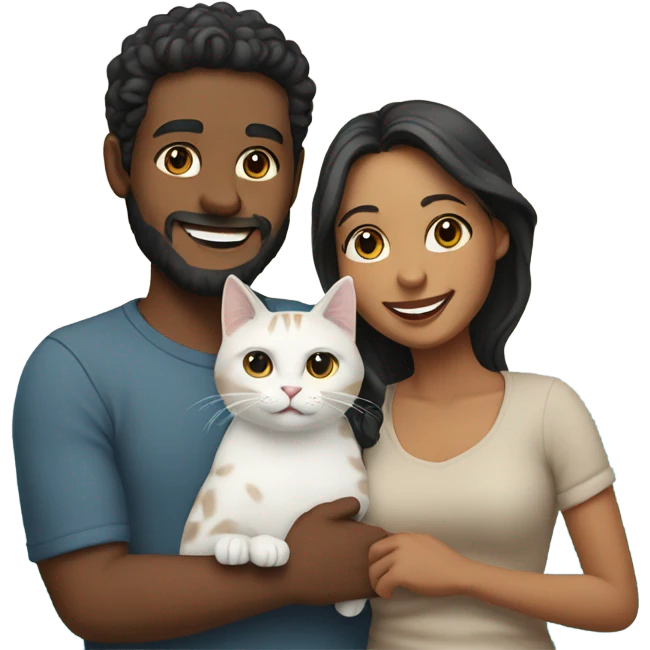 smiling couple by the ocean holding cat emoji