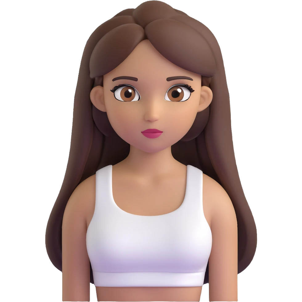 beautiful girl, long straight brown hair, brown eyes with lashes, wearing a white crop top, tan skin emoji