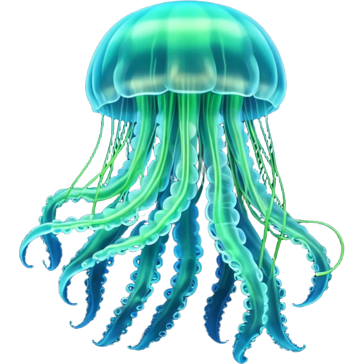 3D render of Jellyfish, bioluminescent deep sea style, glowing neon blue and green lights, dark background to contrast the glow, translucent organic textures. emoji