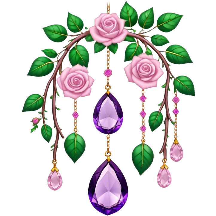 Hanging suncatcher, threads with shiny sparkly amethyst and rose-quartz gemstones, roses, beautiful leaves, gorgeous aesthetics emoji