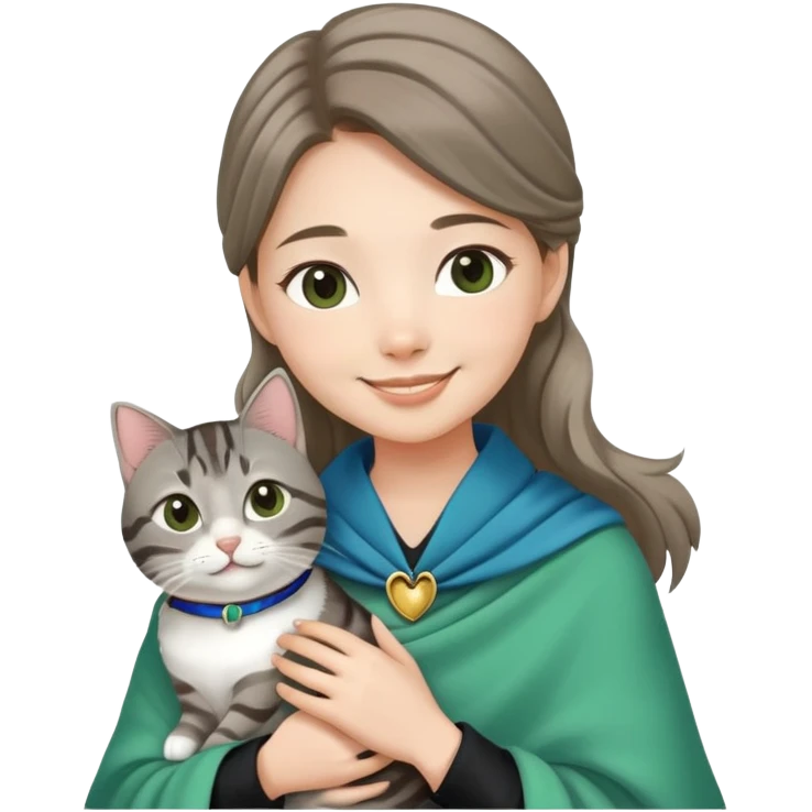 Asian White girl wearing cute green shawl holding a black grey tabby cat while smiling. The cat is wearing a blue collar emoji