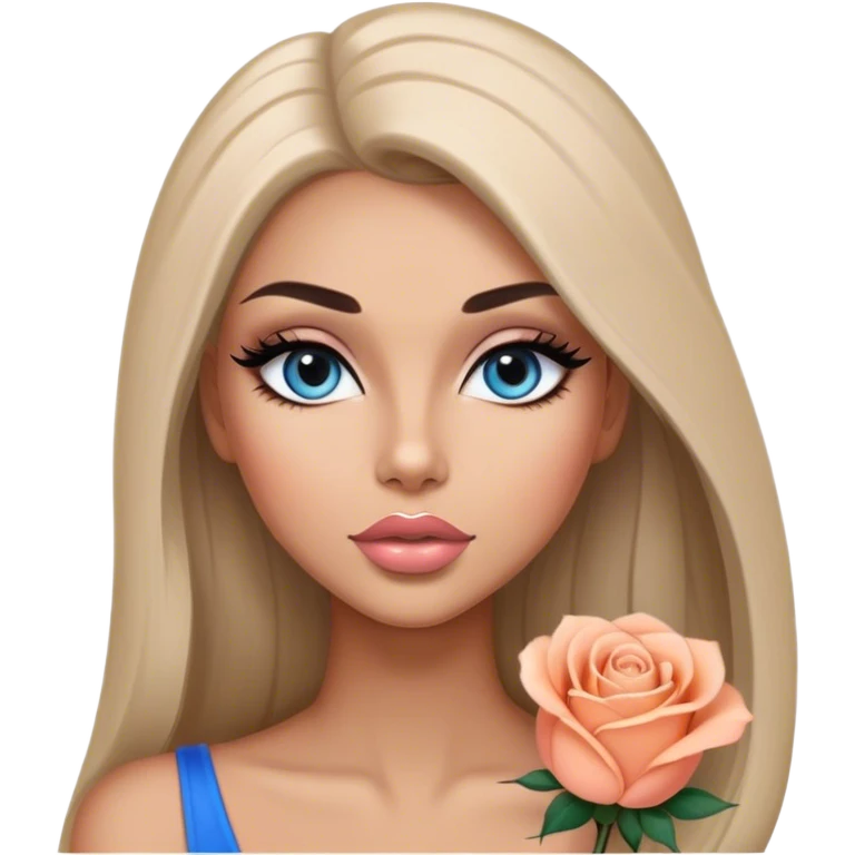 Glamours, tanned, very beautiful girl, with big pump peach-beige-rose lips, long long lashes, black straight smooth silky long hair, straight parting hair, blue-grey eyes emoji