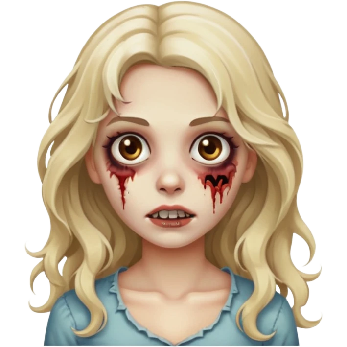 Emoji de menina zumbi bonita, cabelo longo, ondulado, castanho quase loiro, olhos castanhos  emoji