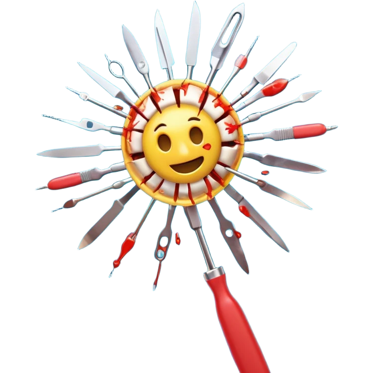 A hyper-realistic surgical scalpel exploding into a vibrant burst of medical and emotional emoji (🩺💉🧬🫀🤕😵✨). Dynamic composition, emoji art style, 3D render, Pop Art. Shallow depth of field, studio lighting, clean pastel background. --ar 16:9 emoji