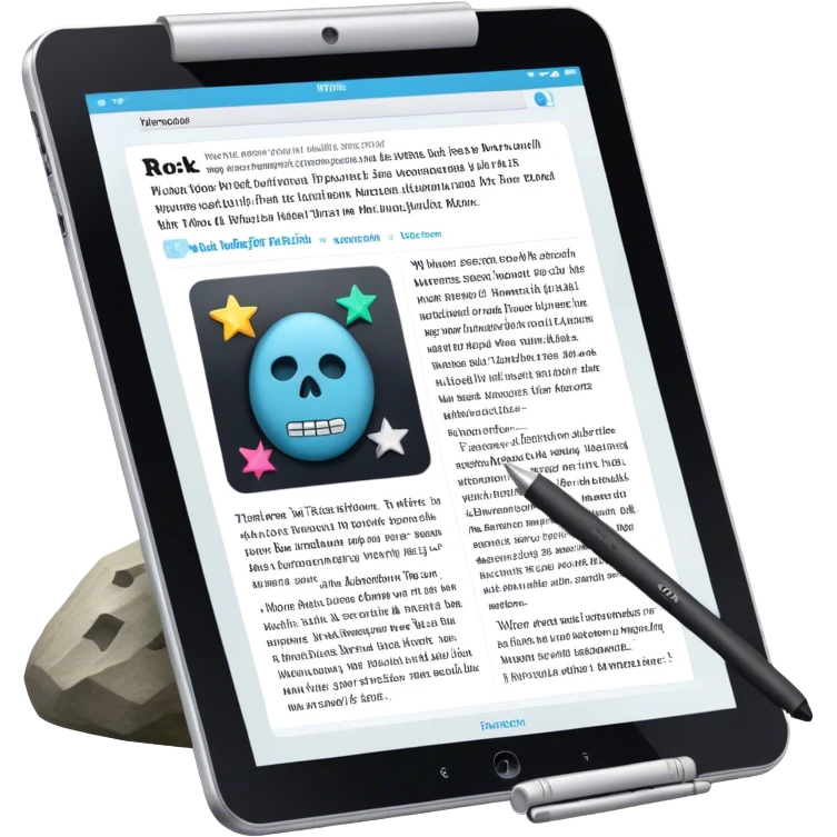 Create an emoji representing fanfiction writing. The design should feature a tablet with a screen displaying images of rock and movie stars, symbolizing the inspiration from popular culture. Next to the images, there should be visible text representing the fanfiction being written. A stylus should be placed near the tablet to emphasize the act of writing. Use a creative and expressive color palette with vibrant and neutral tones. Do not include any emojis or smiley faces. Make the background transparent. emoji
