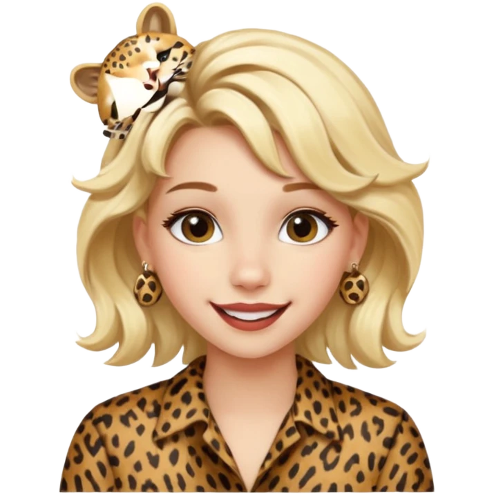Une fille blonde et joyeuse. Elle porte une coiffure rock et originale avec 3 pinces pour cheveux  léopard et motif peau de vache. emoji