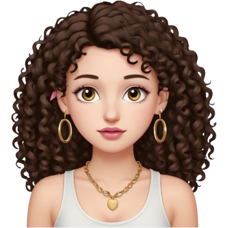 white girl with long dark brown curly hair with a little volume wearing a white tank top. Blush on the cheeks and big eyelashes and a brown-pink lip combo. gold hoops as earrings(medium size)  and a small gold hoop for a nose ring  and a square small denty gold necklace  emoji