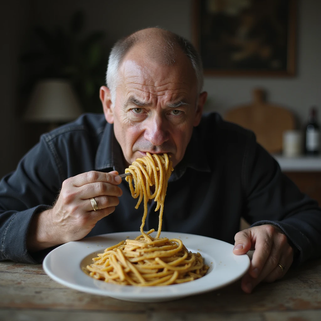 a hyperrealistic 4K image of a sad man about 30 years old eating a plate of pasta, sad expression emoji