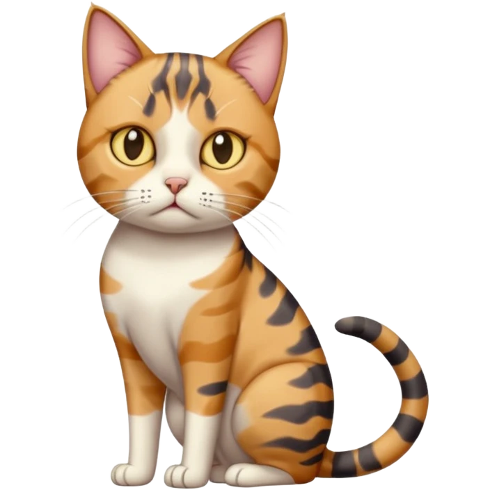 full body calico tabby cat with skinny head and fat body with an anxious face emoji