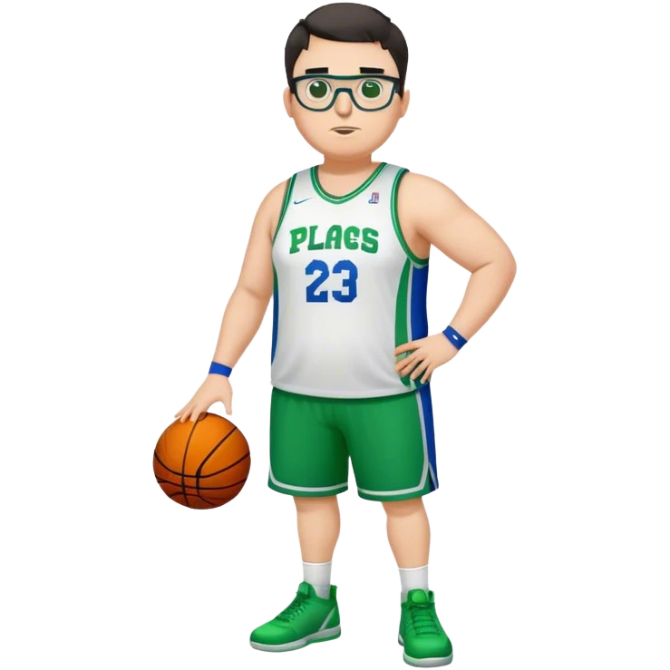 Full Body plus size white male with dark short hair basketball player wearing glasses wearing blue green uniform emoji