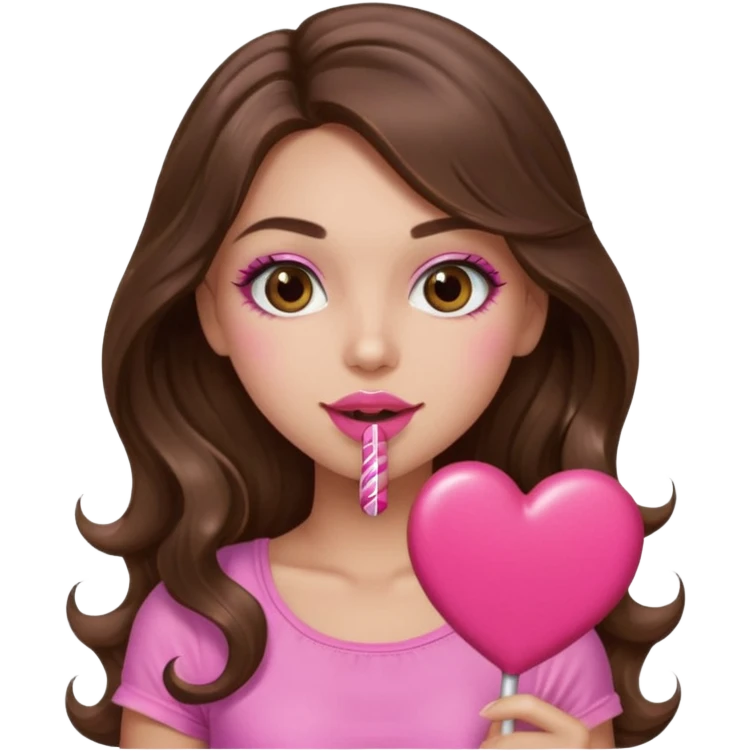 girl with long wavy brown hair, brown eyes, long lashes makeup, sexy pink lips, light to medium complexion, wearing a pink sexy top,, heart lillipop emoji
