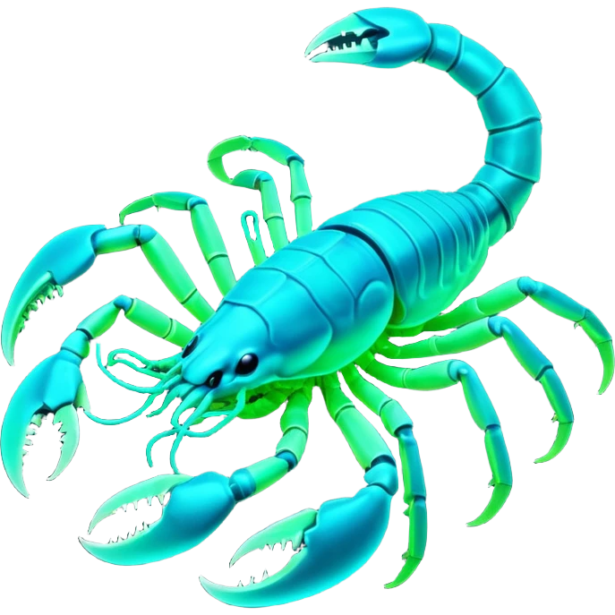 3D render of Radioactive Scorpion, bioluminescent deep sea style, glowing neon blue and green lights, dark background to contrast the glow, translucent organic textures, more emission. emoji