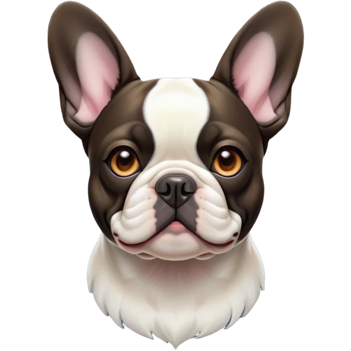 Cinematic Noble Pied French Bulldog Portrait Emoji, Radiating regal yet playful charm, with a distinctive pied fur of contrasting hues and a sculpted, expressive face featuring gentle, wise eyes and a confident stance, simplified yet artistically detailed, glowing with a soft, sophisticated radiance, high shine, exuding intelligent nobility and refined flair, soft glowing outline, capturing the essence of a noble Pied French Bulldog that embodies both strength and grace! emoji