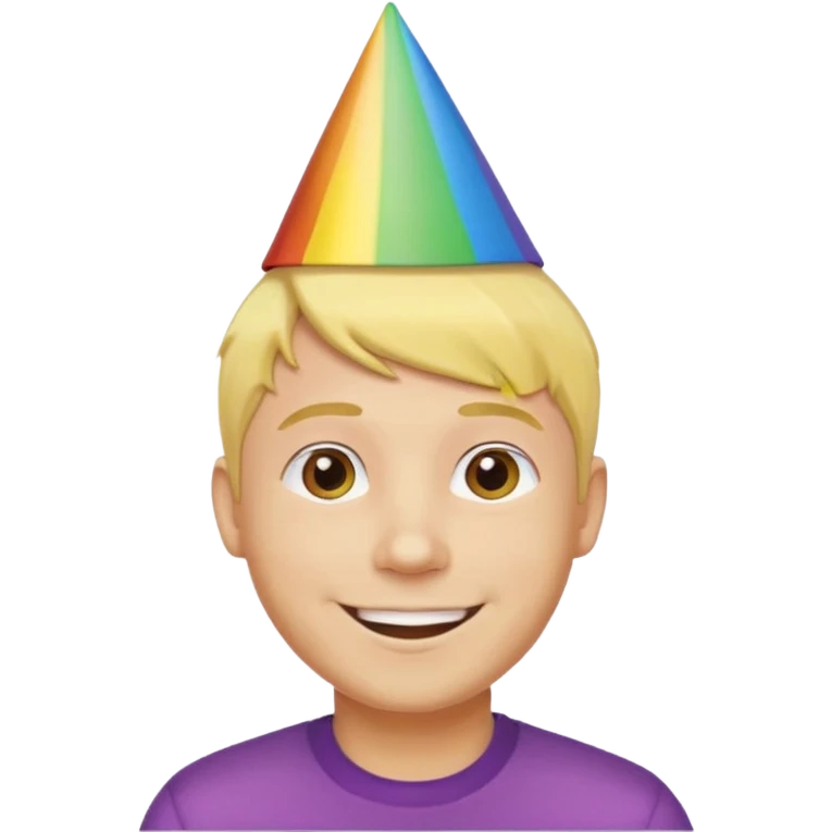 man, short yellow hair, rainbow birthday hat, happy emoji