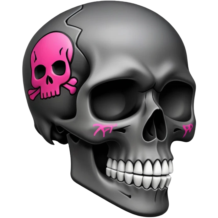 smooth black skull with graffiti brand logos, side view emoji