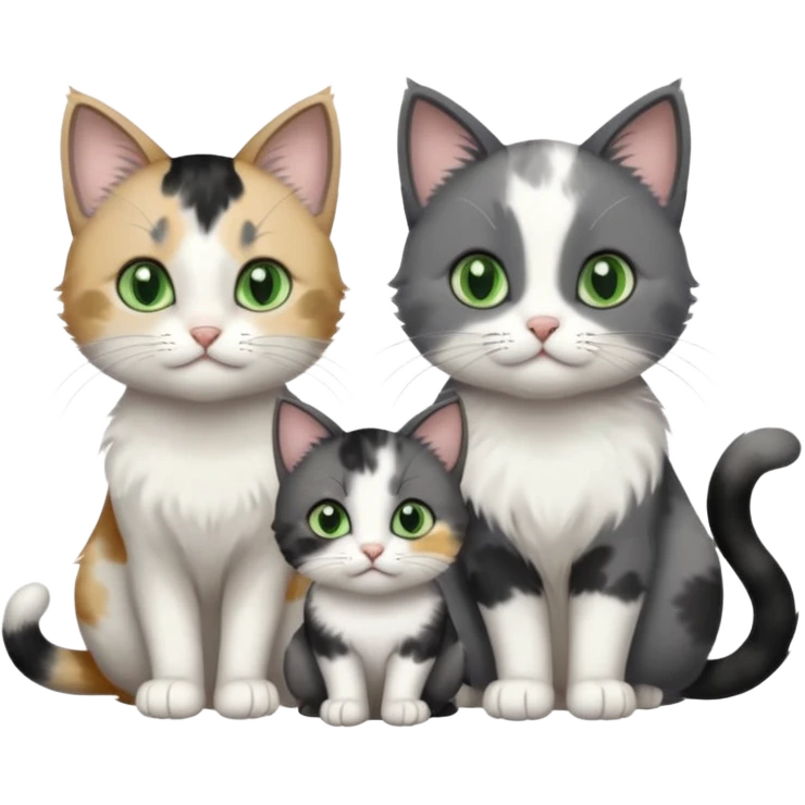 3 different coloured small cats including a dark grey and white, and a patchy calico and a completely solid dark grey with green eyes and only white paws emoji