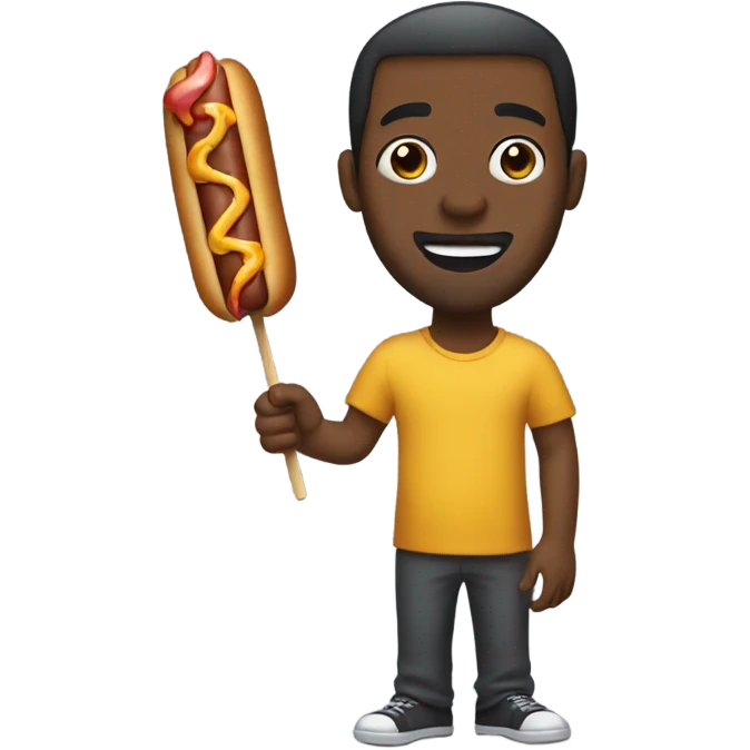Black man eating a burnt hot dog on a stick emoji